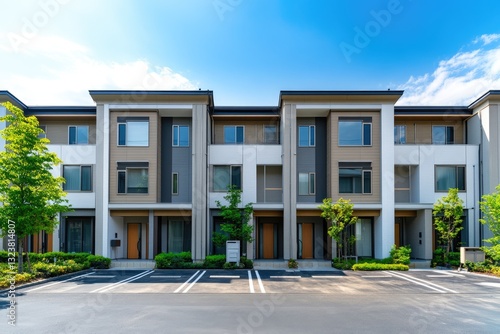 Modern townhouses, sunny day, parking lot, landscaped area