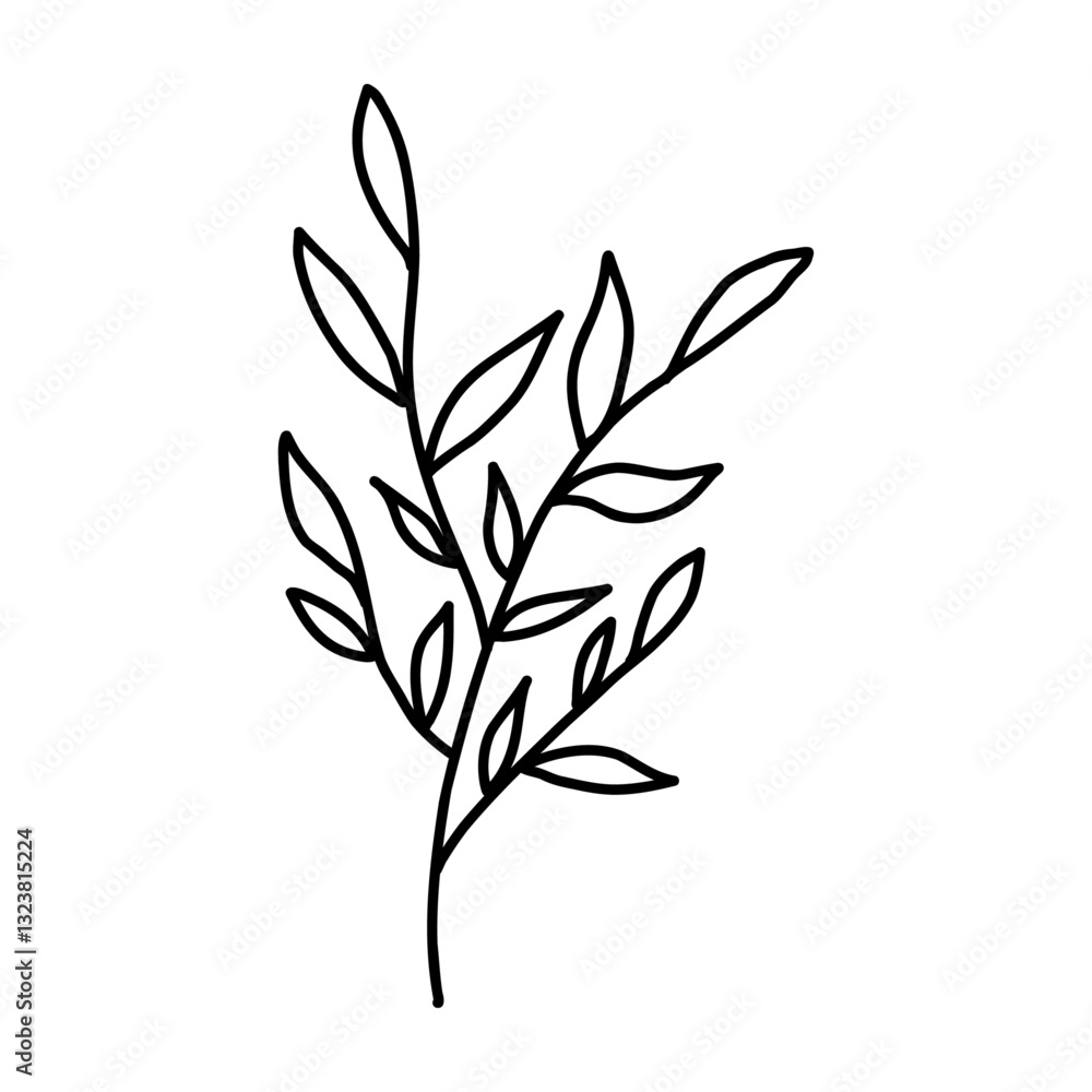 Hand drawn branch with leaves, cute doodle vector illustration isolated on white background. Nature botanical element in monochrome outline style. Hand drawn branch with leaves, cute doodle vector illustration isolated on white background. Nature botanical element in monochrome outline style.