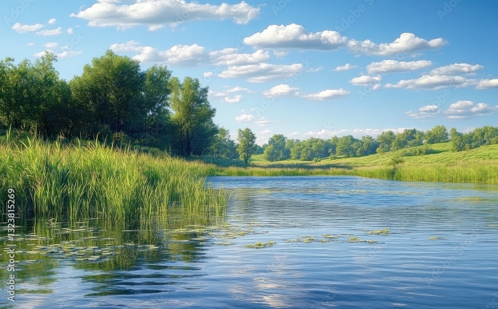 Tranquil River Landscape with Lush Greenery and Bright Blue Sky Tranquil River Landscape with Lush Greenery and Bright Blue Sky