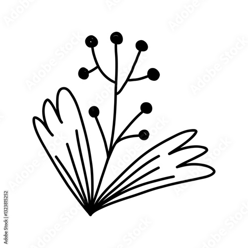 Winter plant with berries, cartoon doodle vector illustration isolated on white background. Hand drawn monochrome flower outline.