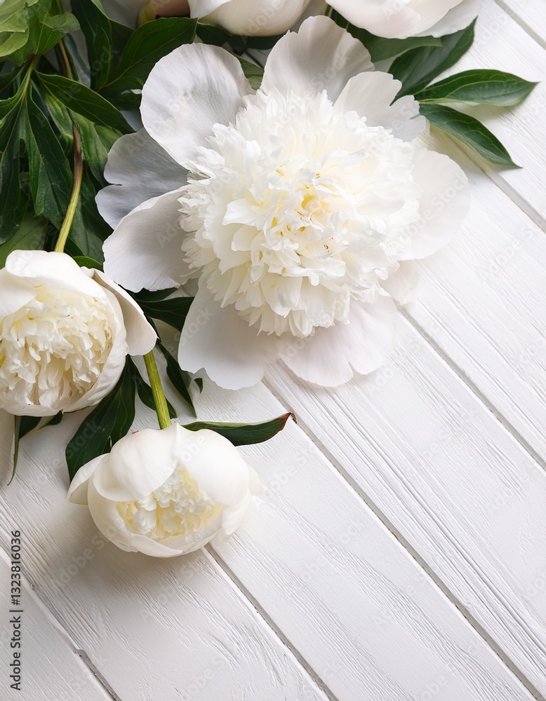 White peony flowers on white wooden table with copy space. Generated image White peony flowers on white wooden table with copy space. Generated image