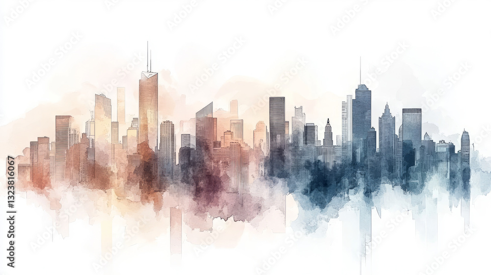 Obraz premium Watercolor cityscape featuring a skyline of skyscrapers, capturing the urban essence with a serene and atmospheric feel.