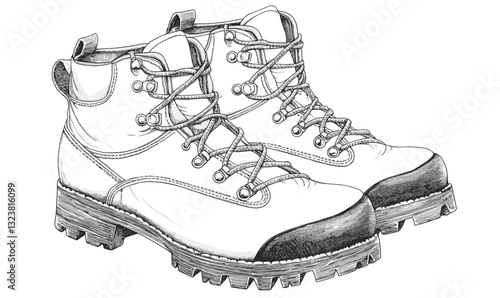 Hiking boots illustration, detailed footwear icons set, linear vector.