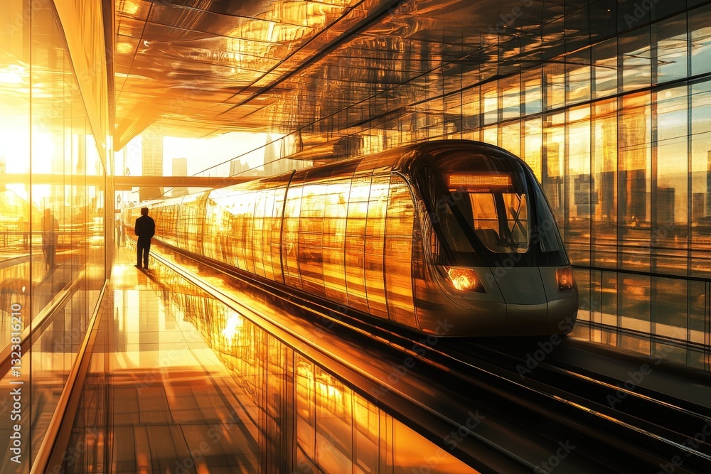 Fototapeta premium Modern train glides through a sunlit urban transit station