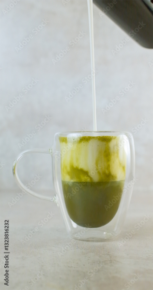 Pouring Frothed Milk into Matcha Tea in Glass Mug slow motion vertical shot Pouring Frothed Milk into Matcha Tea in Glass Mug slow motion vertical shot