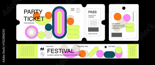 Control ticket bracelets for events, disco, festival, fan zone, party, staff. Vector mockup of a festival bracelet in a futuristic style.	
