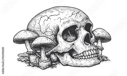 Human skull with mushrooms in a forest setting, vector artwork, linear icons set.