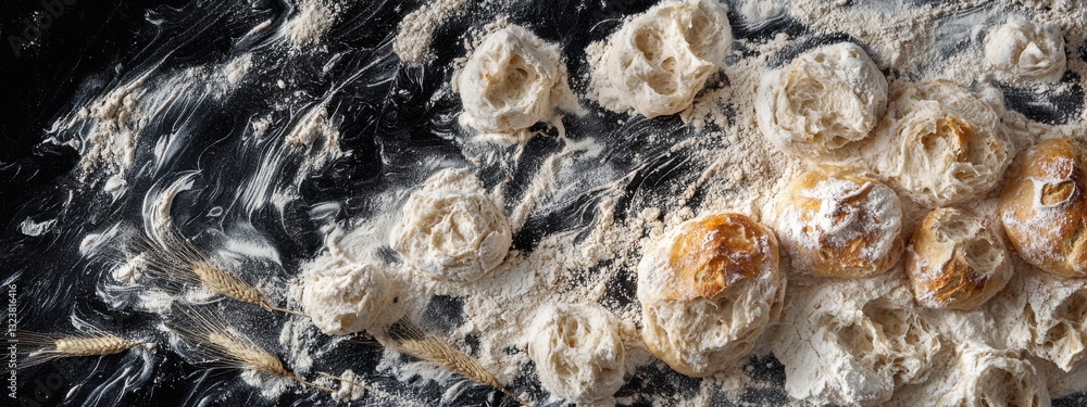 Homemade fresh baked breads with flour and ears on a black background. Top view with copy space. Homemade fresh baked breads with flour and ears on a black background. Top view with copy space.