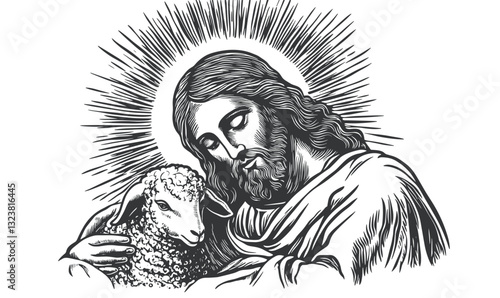 Religious figure embracing lamb with radiant halo - linear icons set, vector, flat style.