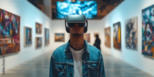 a person wearing VR glasses in an art museum, with colorful paintings displayed on the wall.