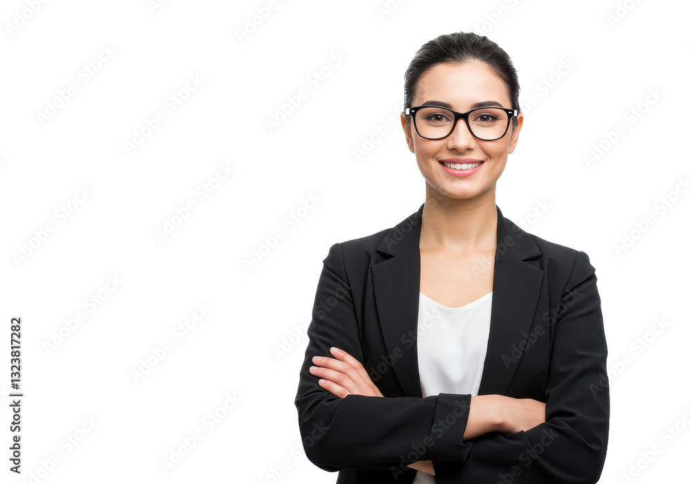 A confident businesswoman with black framed glasses standing with her arms crossed and smiling warmly isolated on transparent background A confident businesswoman with black framed glasses standing with her arms crossed and smiling warmly isolated on transparent background