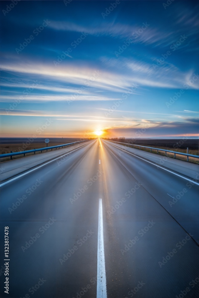 Fototapeta premium Open highway leading to a bright sunset with expansive sky and tranquil atmosphere