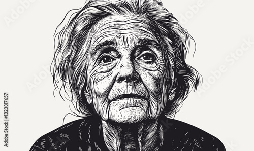 Elderly woman portrait with detailed expression and wrinkles, linear icons set, vector.