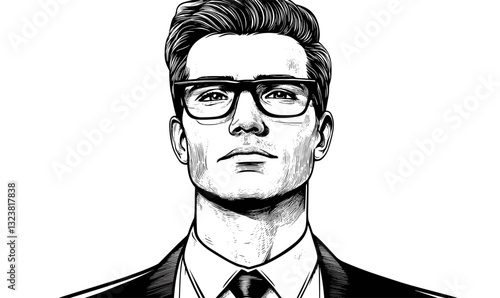 Business professional portrait with glasses – linear icons set, vector.