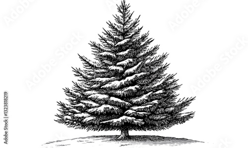 Snow-covered pine tree illustration in winter forest - vector, linear icons set.