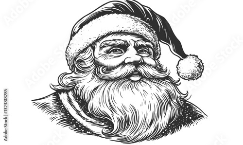 Classic santa claus head drawing with detailed beard and hat, flat icons set, linear vector.