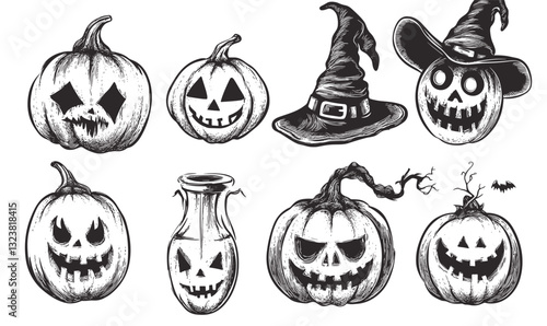 Halloween pumpkin and witch hat icons set, black and white vector, linear style.