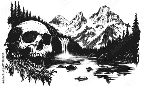Skull and mountain landscape with waterfall in nature, black and white vector, linear, icons set.