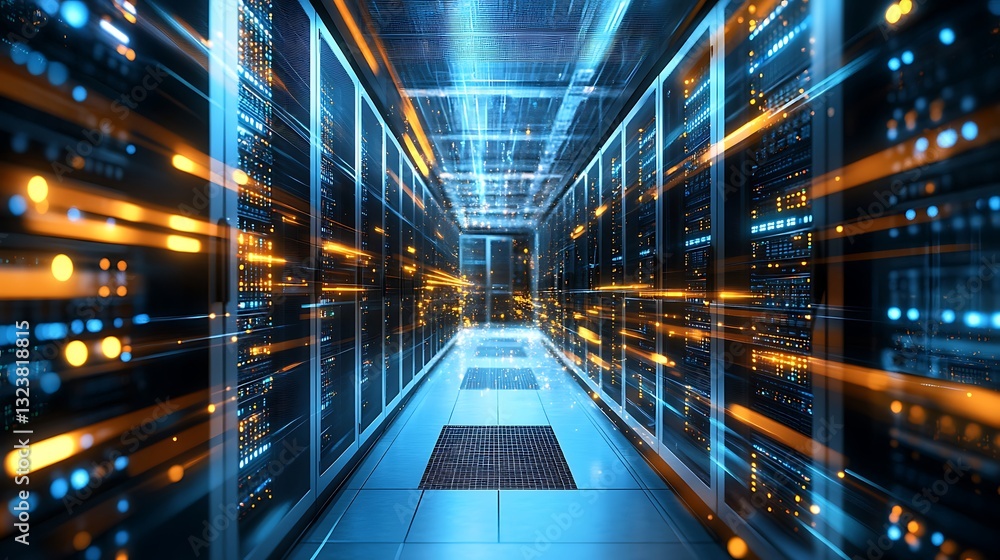 Modern Data Center Server Room with Streaming Data and Futuristic Design for Technology Solutions.