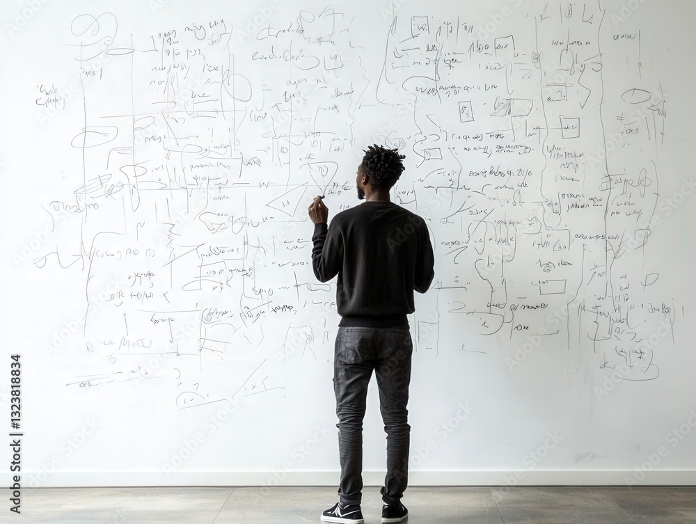 A theoretical physicist drawing complex space-time equations on a whiteboard A theoretical physicist drawing complex space-time equations on a whiteboard
