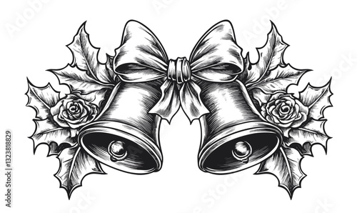 Christmas bells and holly with roses, flat linear icons set vector.