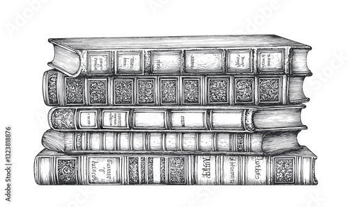 Stack of antique books, intricate linear sketch, classic literature icons set, vector.