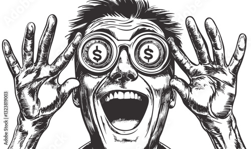 Excited man with dollar sign glasses expressing financial joy, vector, linear icons set.
