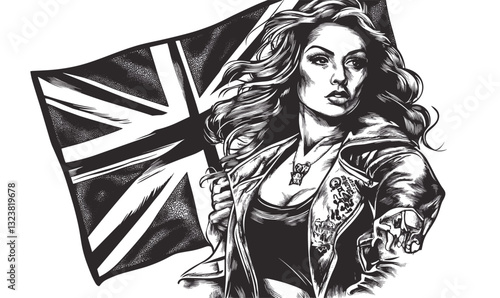Powerful woman with union jack flag, tattoo, leather jacket, monochrome, flat icons set, vector.