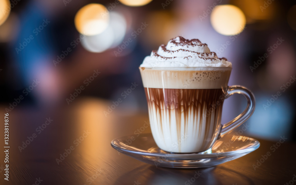 Delicious Coffee with Cream and Cocoa Topping in a Cozy Café Atmosphere Delicious Coffee with Cream and Cocoa Topping in a Cozy Café Atmosphere