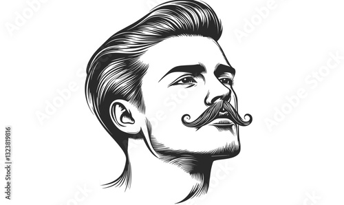 Retro styled man with mustache headshot - linear flat icons set vector.