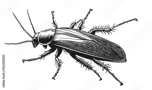 Detailed cockroach illustration in linear style, insect icons set, vector.