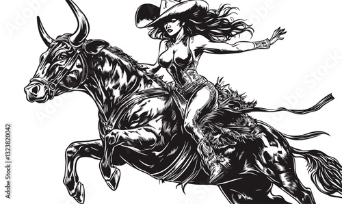 Cowgirl riding bull with hat and boots in action pose, western flat icons set, vector.