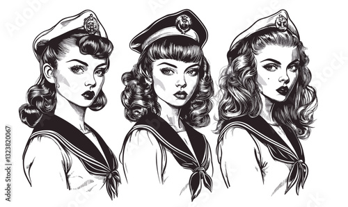 Three vintage sailor women portraits in uniform - linear icons set - vector.