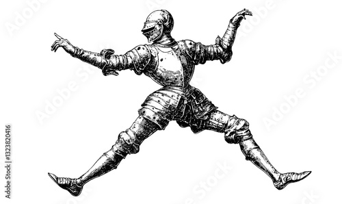 Medieval knight in armor posing, historical illustration in detailed black and white, linear icons set, vector.
