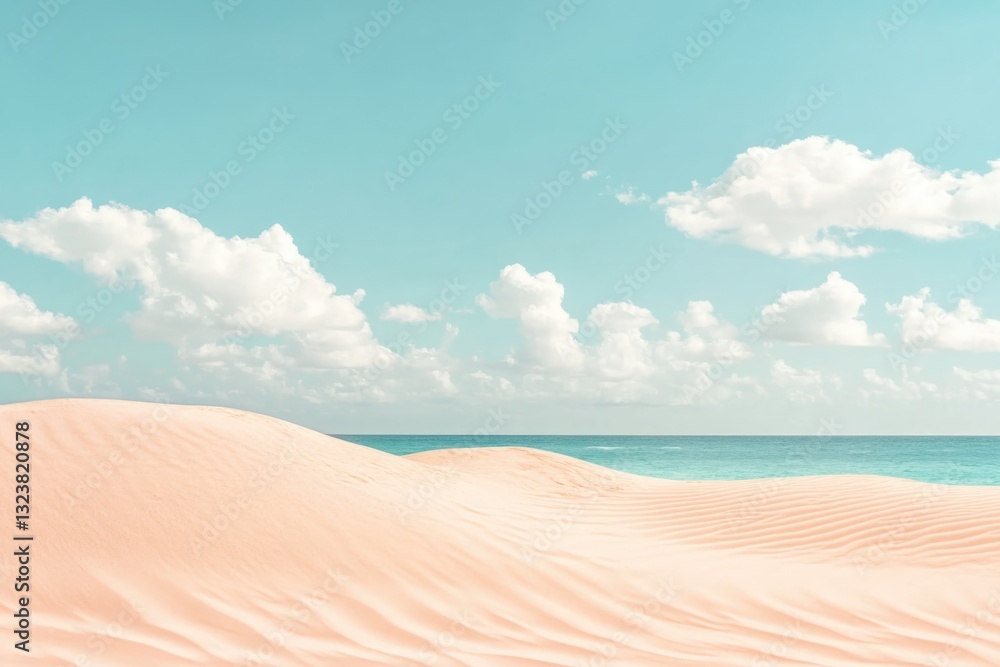 Naklejka premium Soft Pink Sand Dunes Stretch Along a Tranquil Beach Under a Clear Blue Sky With Gentle Clouds During Midday