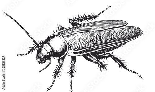 Detailed cockroach insect drawing, black and white, vector, flat icons set.