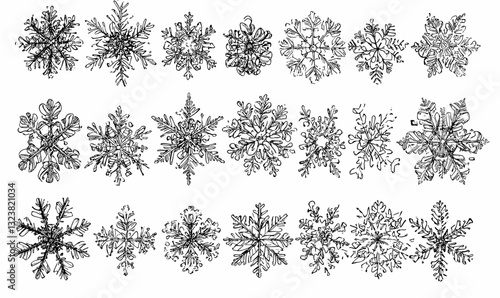 Intricate snowflakes designs vector - linear icons set.