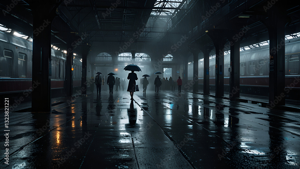 Moody Train Station Platform on a Rainy Day with Reflections Umbrellas and Vibrant Red and Blue Train Carriages Moody Train Station Platform on a Rainy Day with Reflections Umbrellas and Vibrant Red and Blue Train Carriages