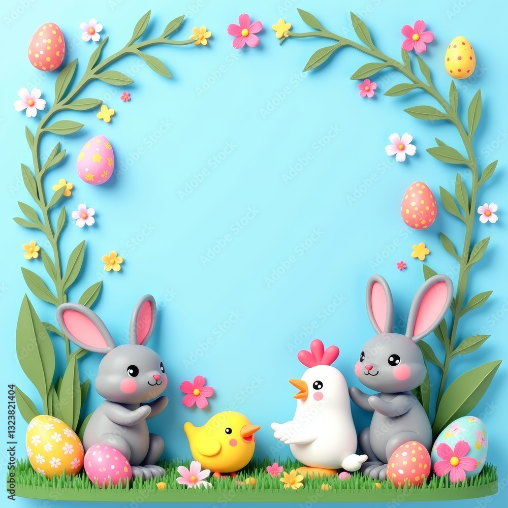 Obraz premium Easter illustration. Bright blue background with featuring two adorable gray rabbits, a white hen, a yellow chick, decorated Easter eggs