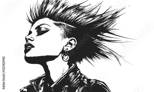 Punk rock style: woman with mohawk, leather jacket, earrings - vector, linear icons set.