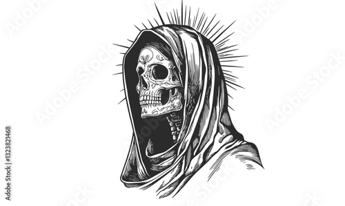 Grim reaper icon in linear style - vector, skull with hood, halloween icons set.