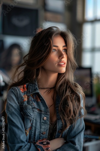 Beautiful young woman in a denim jacket in classroom
