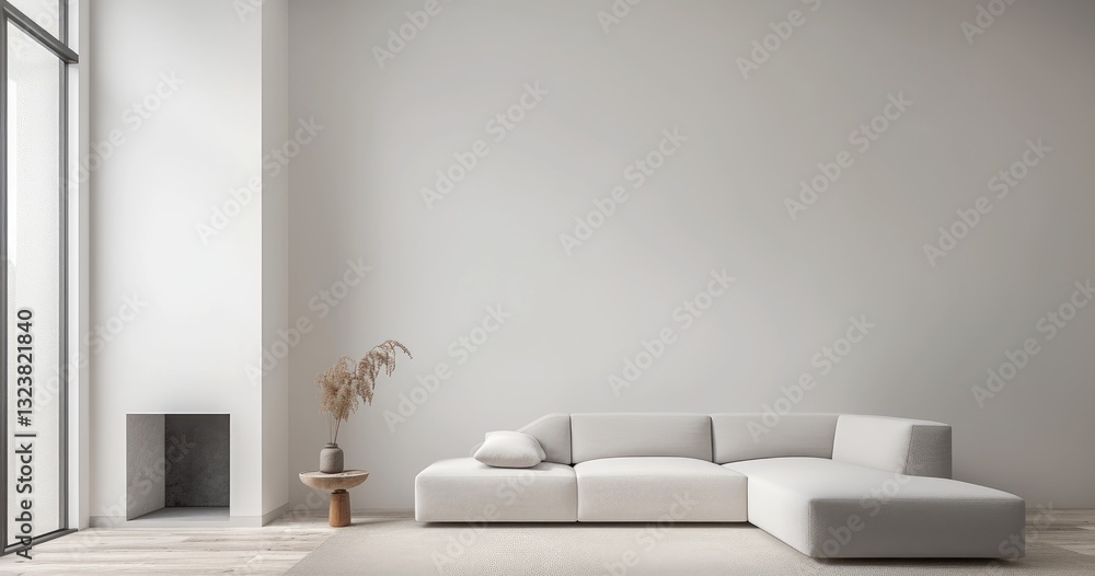 Modern Living Room Interior with Neutral Decor: Sofa, Armchairs, Coffee Table, and Fireplace. Minimalist Home Decor for Product Presentation. Modern Living Room Interior with Neutral Decor: Sofa, Armchairs, Coffee Table, and Fireplace. Minimalist Home Decor for Product Presentation.