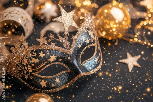 Wallpaper Mural Minimalist Dark Silver and Blue Mask With Stars and Glitter on a Black Surface With Glowing Light Reflections Torontodigital.ca