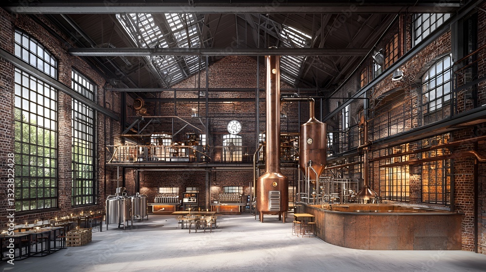 Industrial distillery interior, modern design, large open space Industrial distillery interior, modern design, large open space