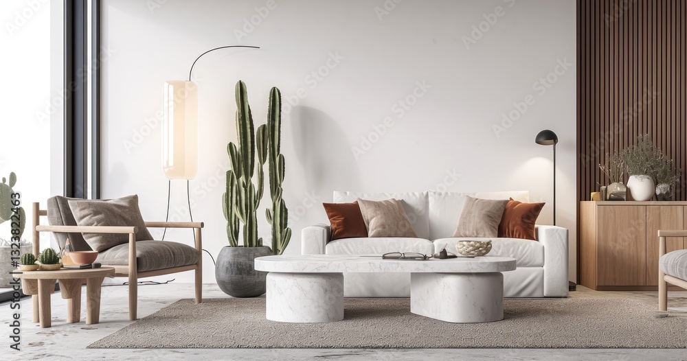 Elegant Minimalist Living Space with Neutral Palette, Gray Sofa, Brown Chairs, Marble Coffee Table, Modern Black Floor Lamp, and Lively Cactus in the Corner Elegant Minimalist Living Space with Neutral Palette, Gray Sofa, Brown Chairs, Marble Coffee Table, Modern Black Floor Lamp, and Lively Cactus in the Corner
