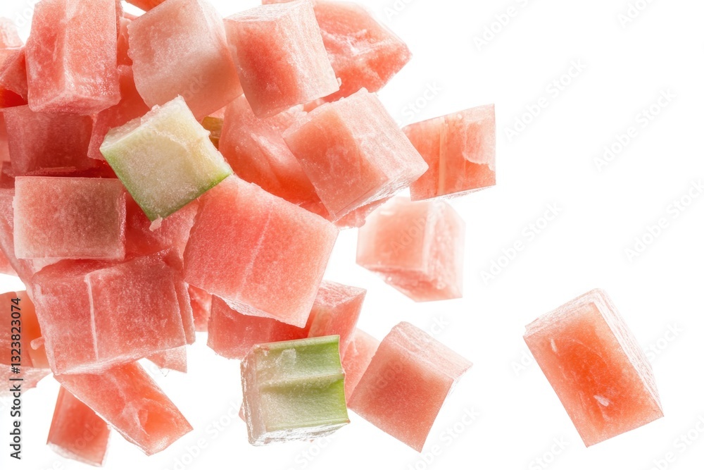 Vibrant Sliced Rhubarb Pieces Gently Cascading in Bright Light Against a Clean Backdrop for Cooking or Garnishing Vibrant Sliced Rhubarb Pieces Gently Cascading in Bright Light Against a Clean Backdrop for Cooking or Garnishing
