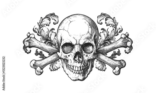 Skull and crossbones with floral ornaments, vector, linear icons set.