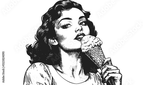 Woman enjoying ice cream in retro style - vector art, linear icons set.