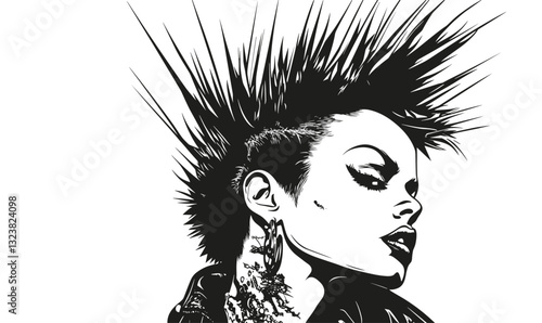 Punk rock woman with mohawk and tattoos, black and white vector, linear icons set.